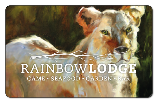 rainbow lodge logo on an oil painting of a lion